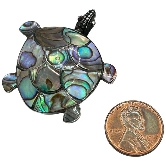 Vintage 925 Sterling Silver and Abalone Turtle Shell Pendant Brooch Pin - Picture 3 of 5